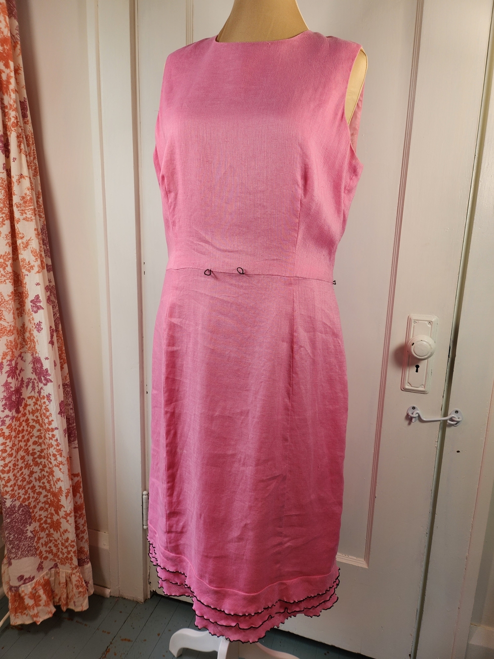 100% Linen Pink Ruffle Sheath Dress 60s-Style Cynthia Howie 16
